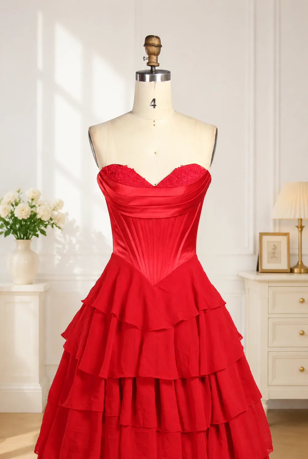 Red tiered ruffle prom ball gown with sweetheart corset bodice and layered skirt