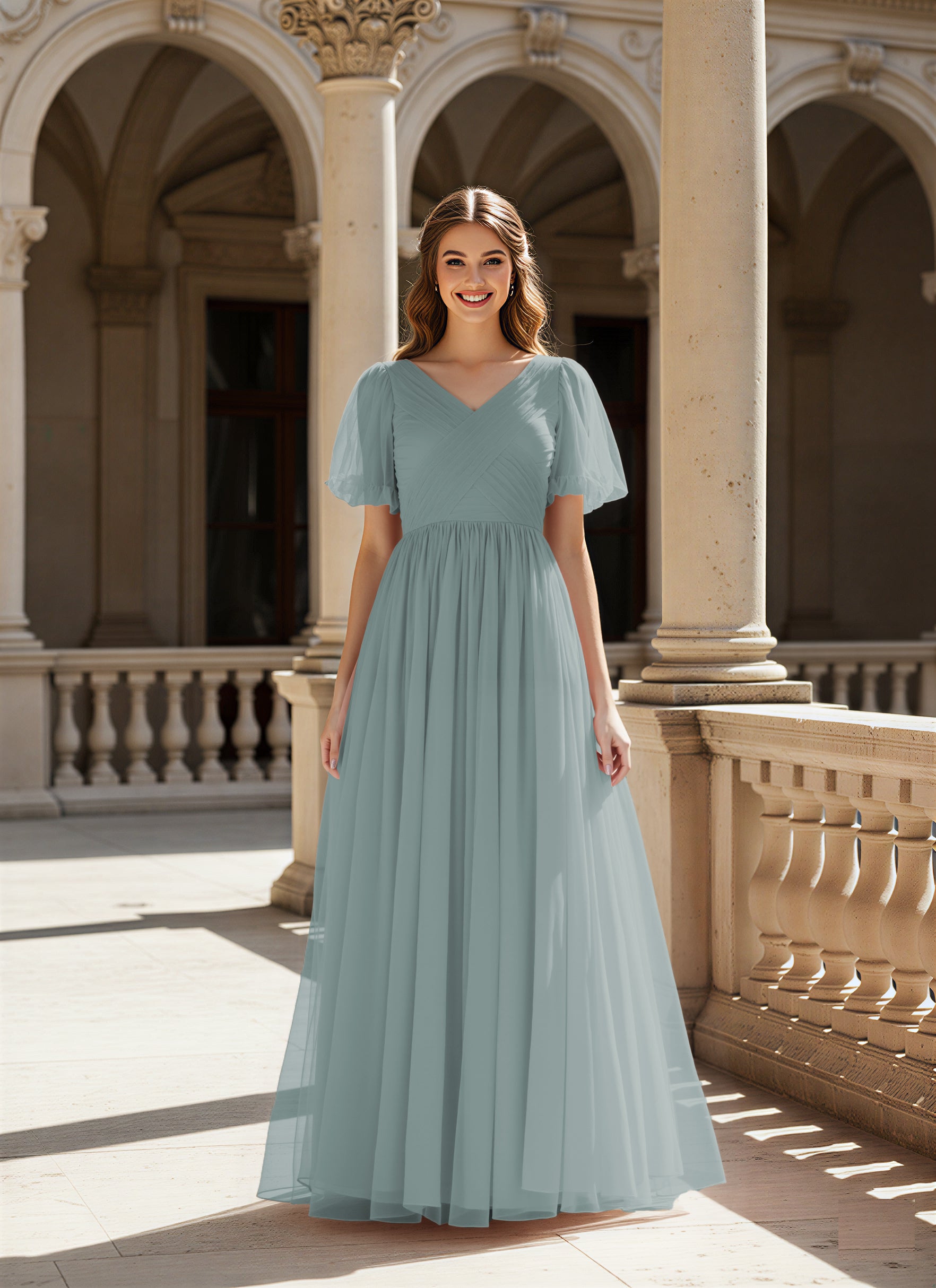 Graceful Bridesmaid Gown - Flutter Sleeve Design TFB8073