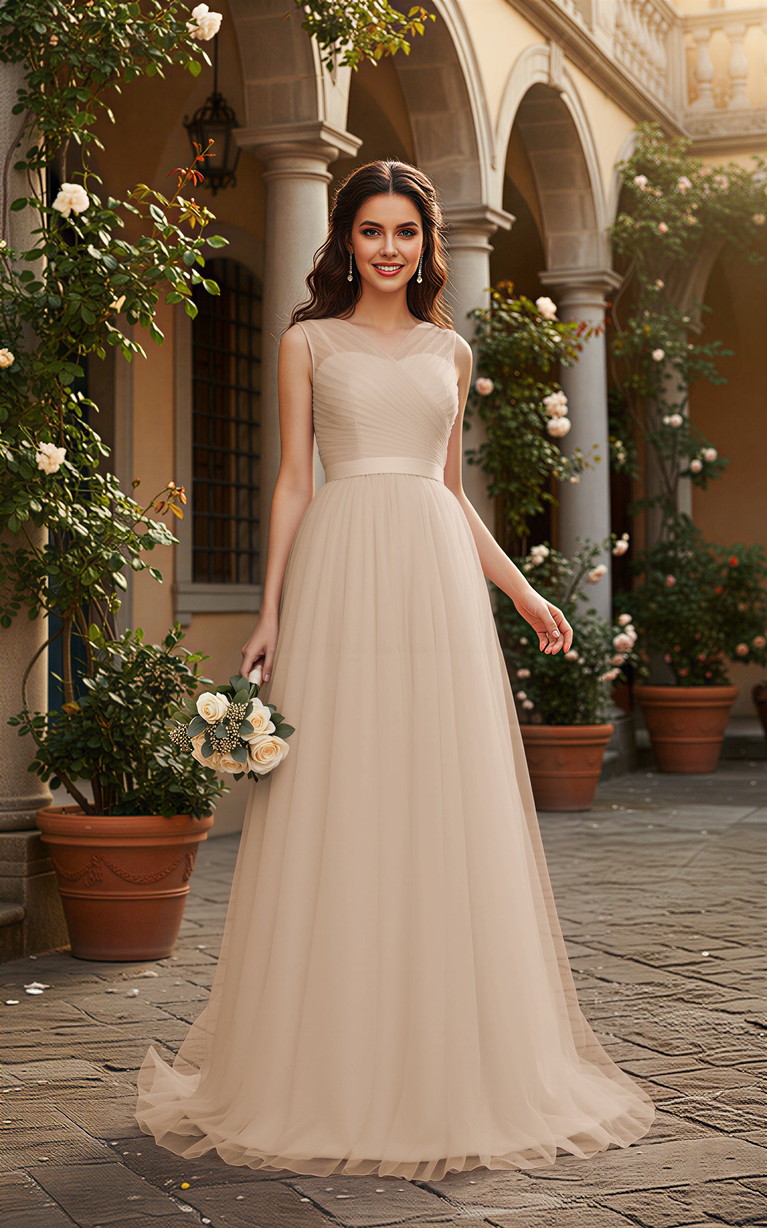 Elegant Bridesmaid Dress - Cap Sleeve Formal Gown TFB8069