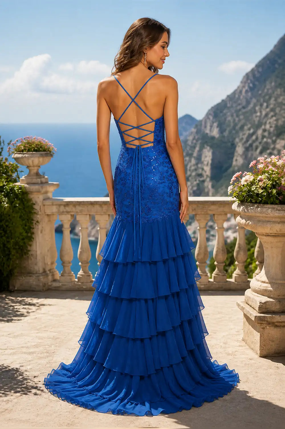Royal blue sequin lace dress back with crisscross straps and layered skirt