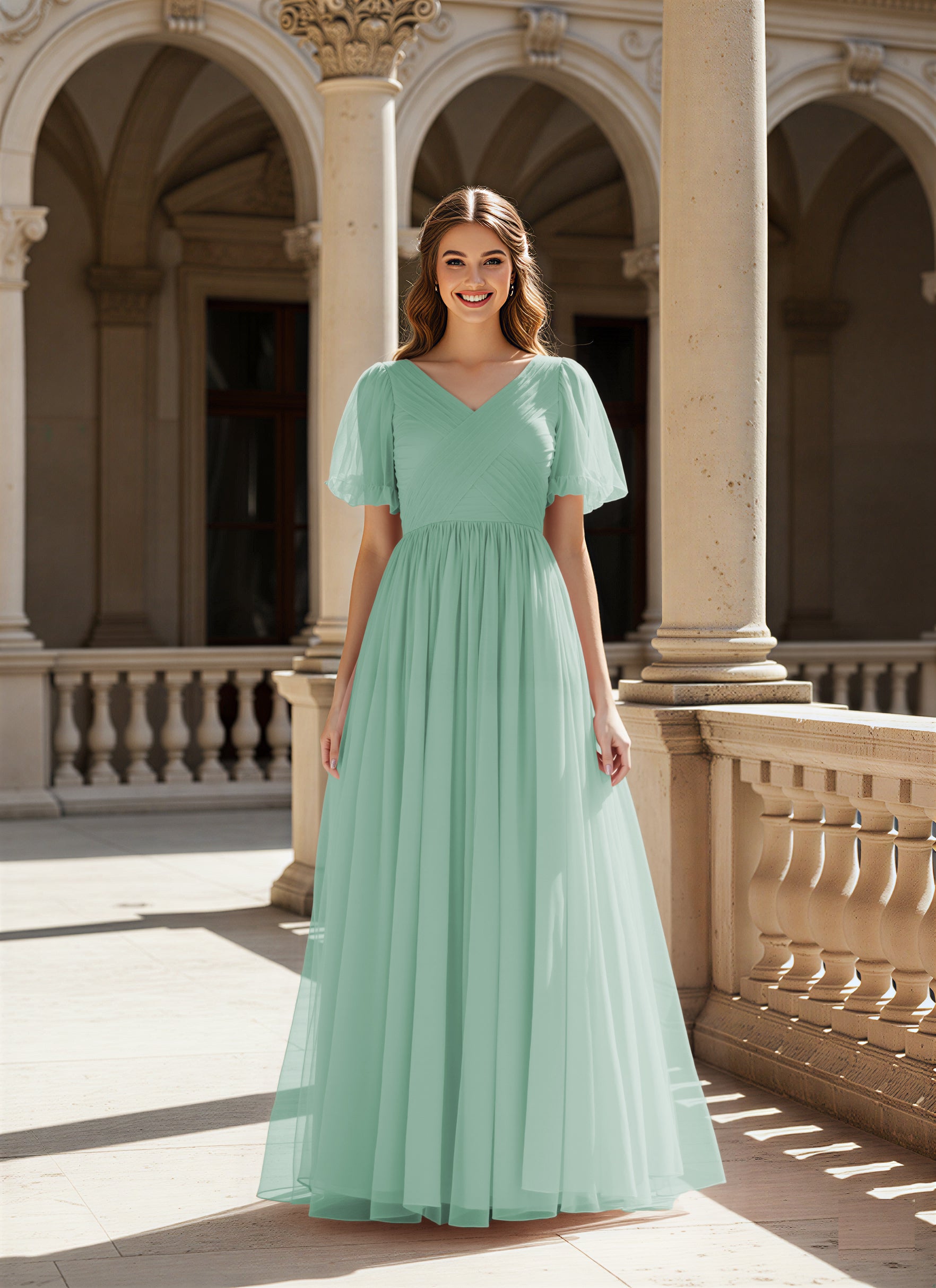 Graceful Bridesmaid Gown - Flutter Sleeve Design TFB8073