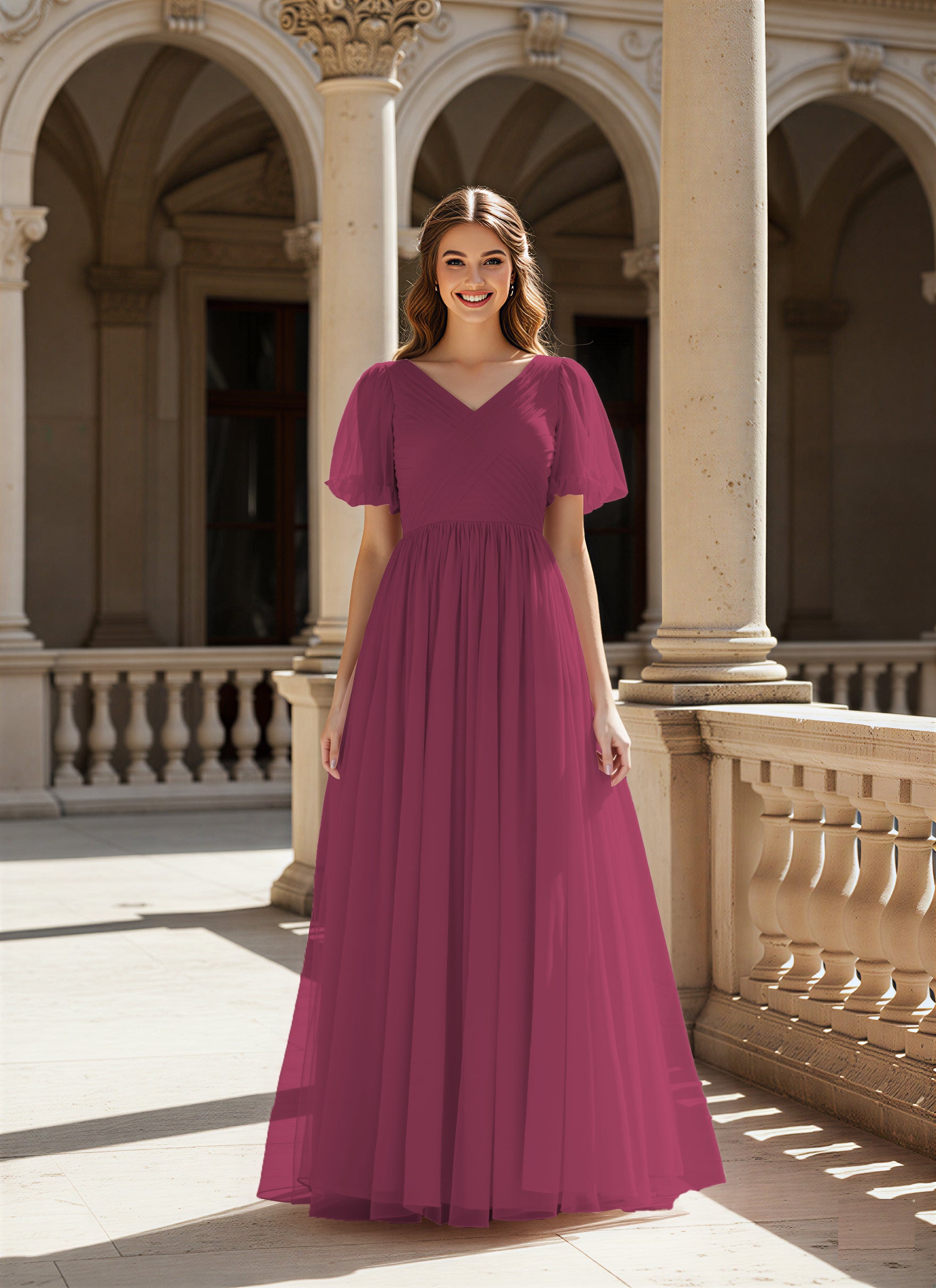 Graceful Bridesmaid Gown - Flutter Sleeve Design TFB8073