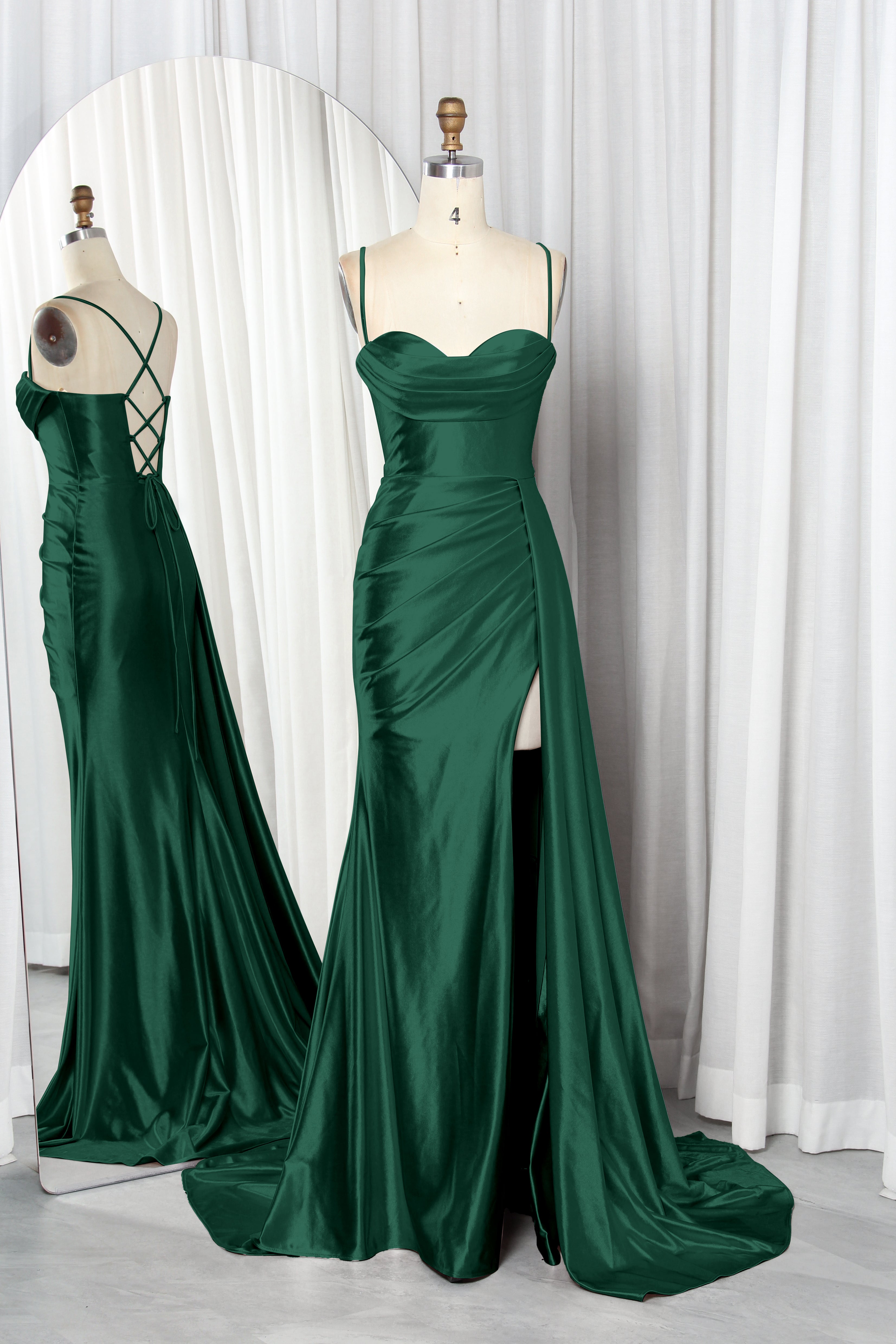 satin prom dress with spaghetti straps, a draped bodice, and a high slit.