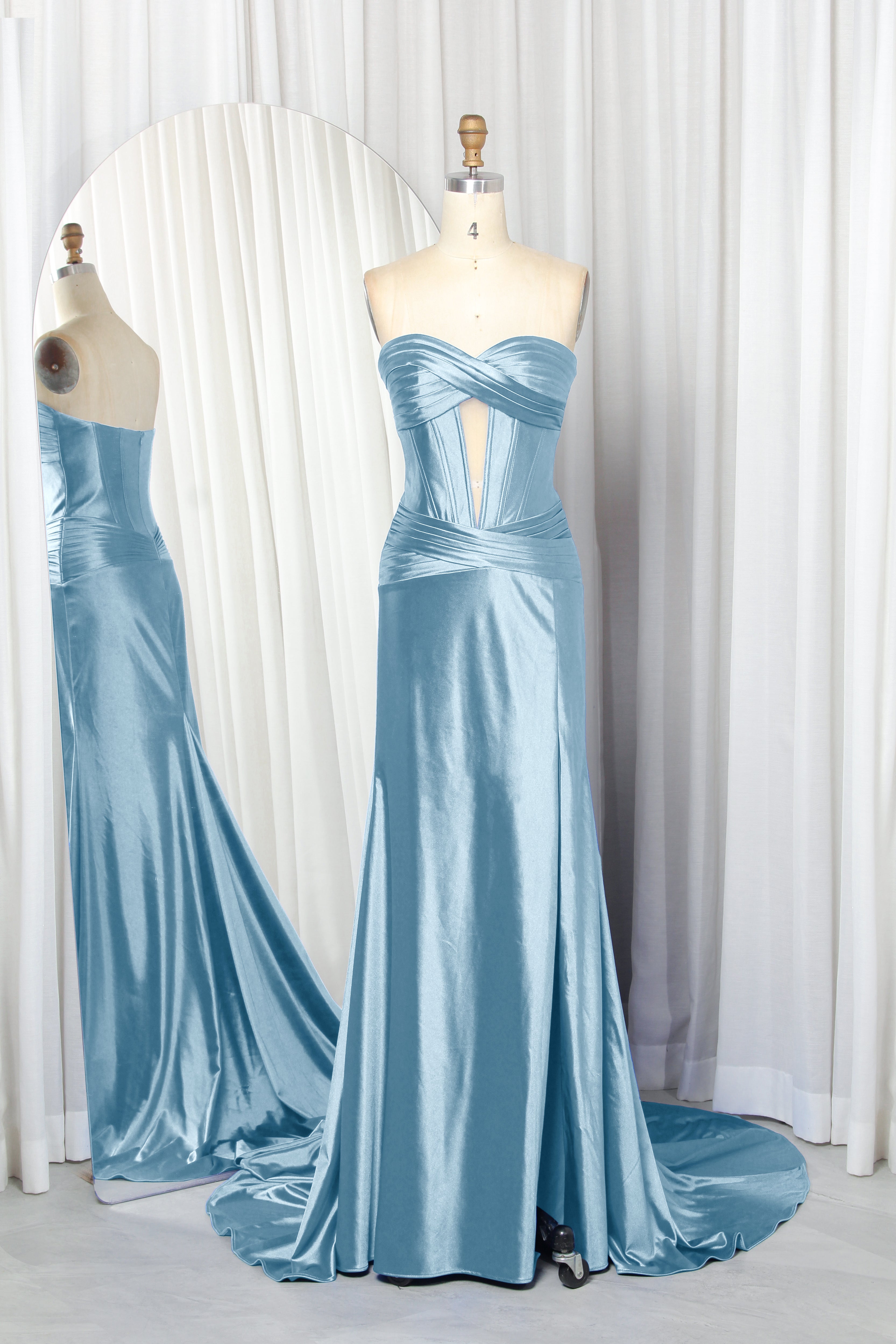 strapless satin prom dress with a front cutout