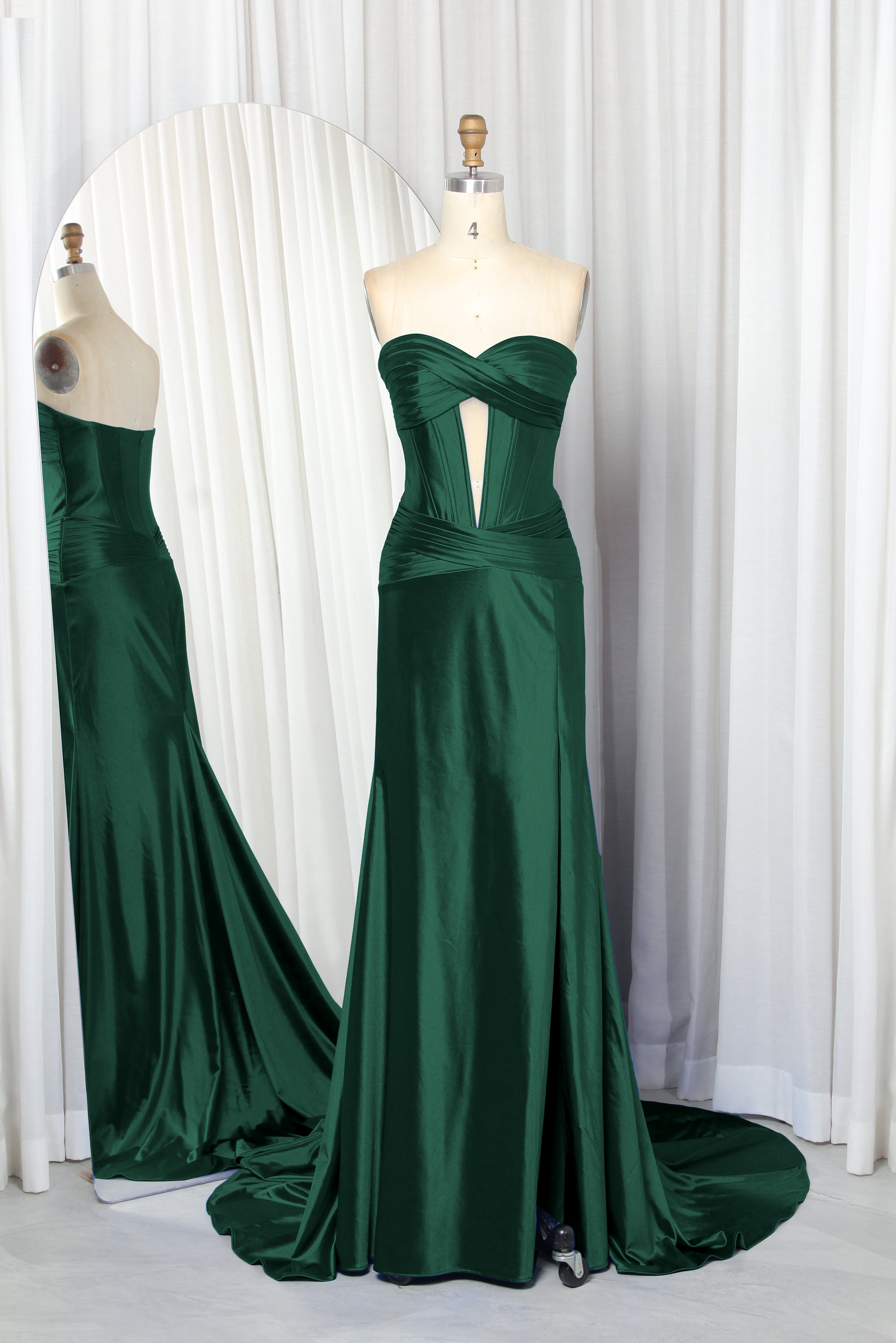 strapless satin prom dress with a front cutout