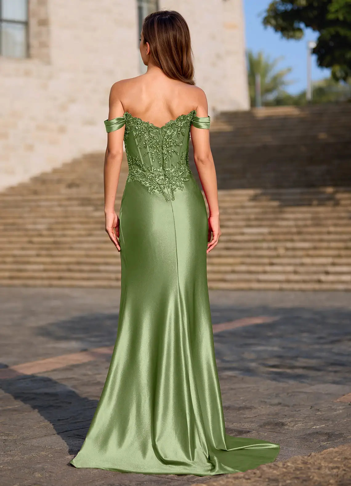 Sage green off-shoulder maxi dress with lace-up back and off-shoulder sleeves