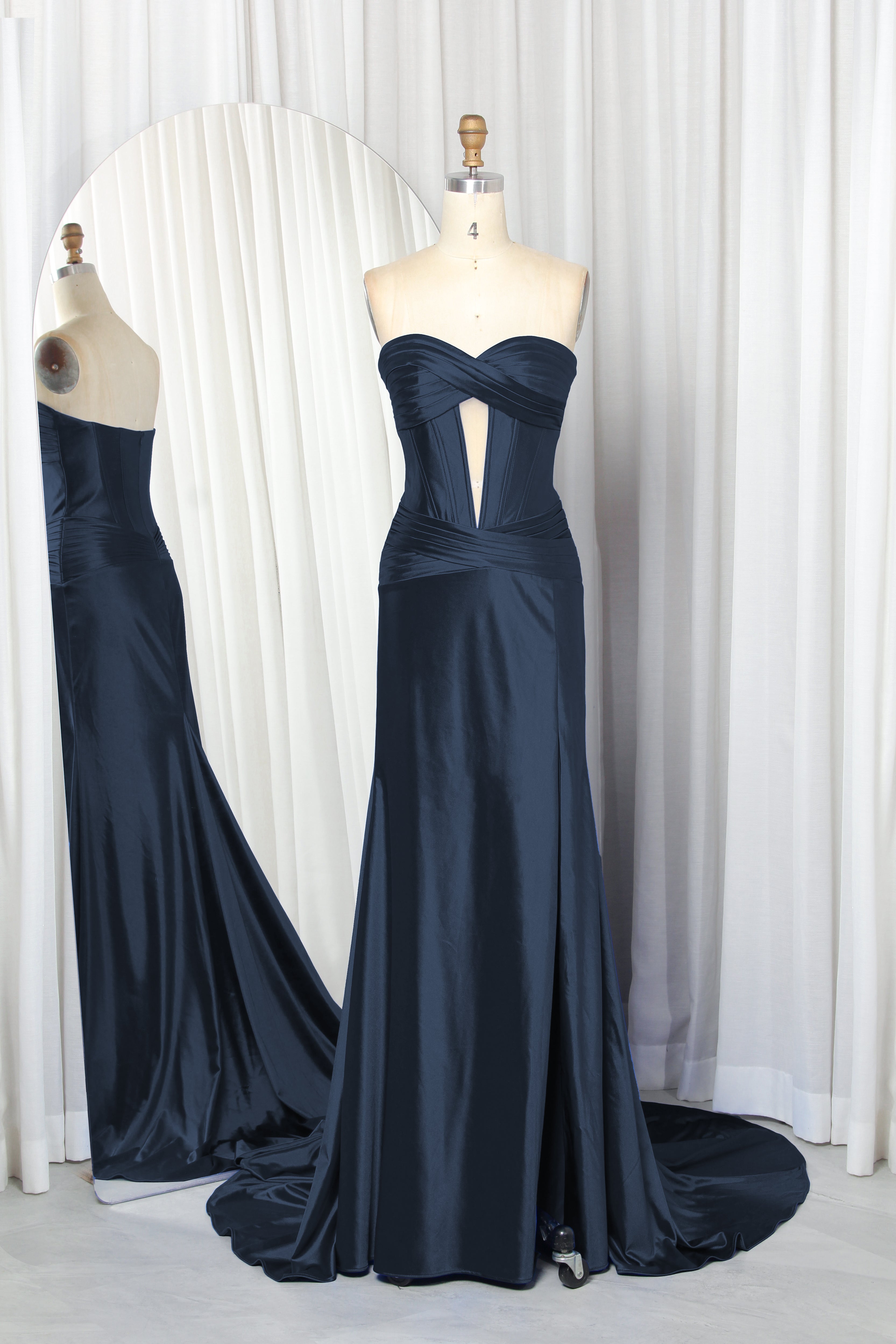strapless satin prom dress with a front cutout