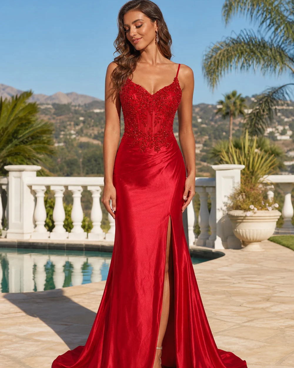 Red sequin evening gown with spaghetti straps, V-neck and front slit