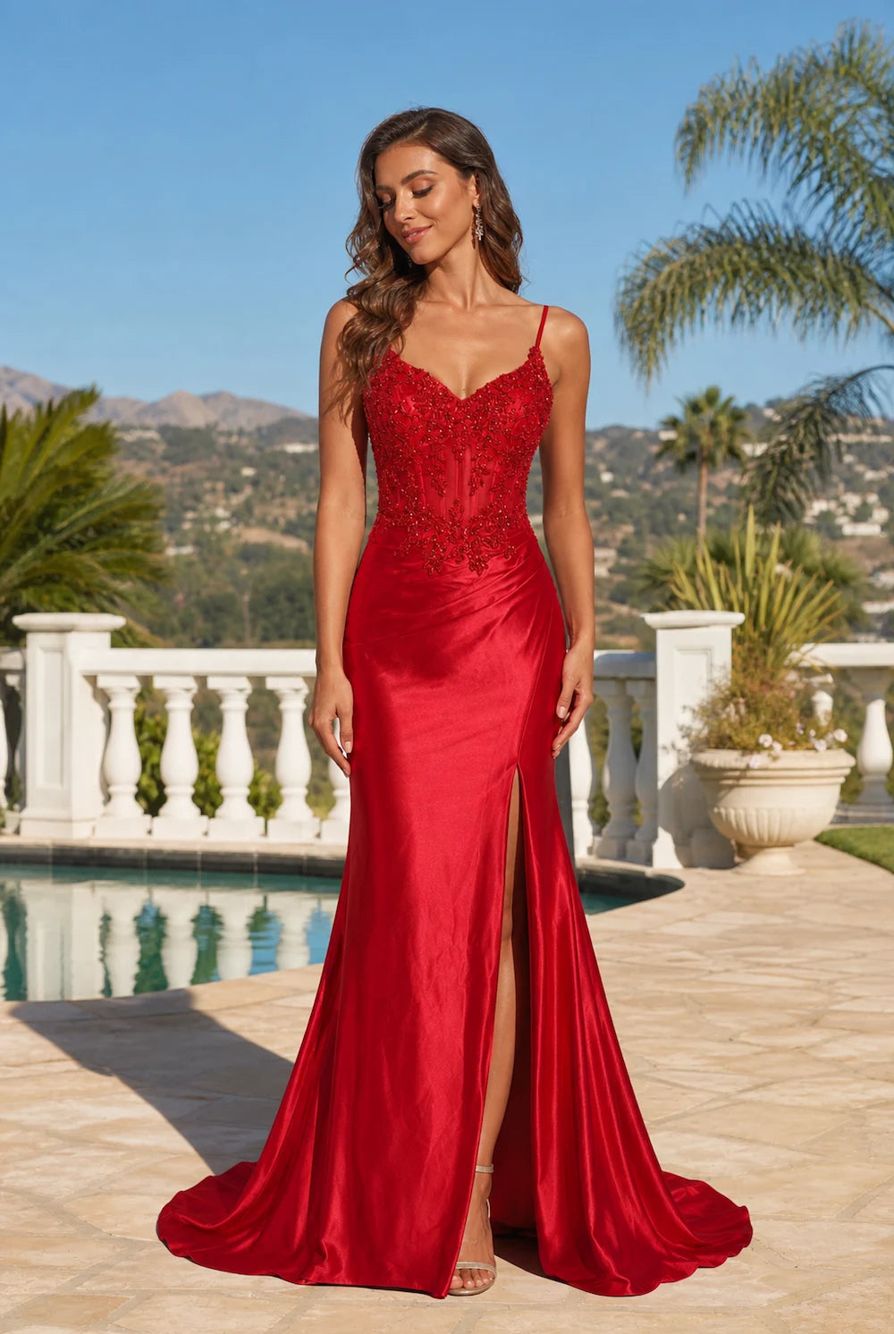 Red sequin evening gown with spaghetti straps, V-neck and front slit