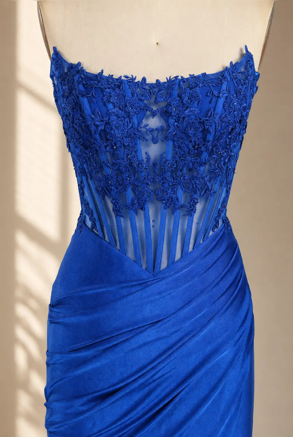 SELENA royal blue mesh corset gown with ruffled trim and draped skirt
