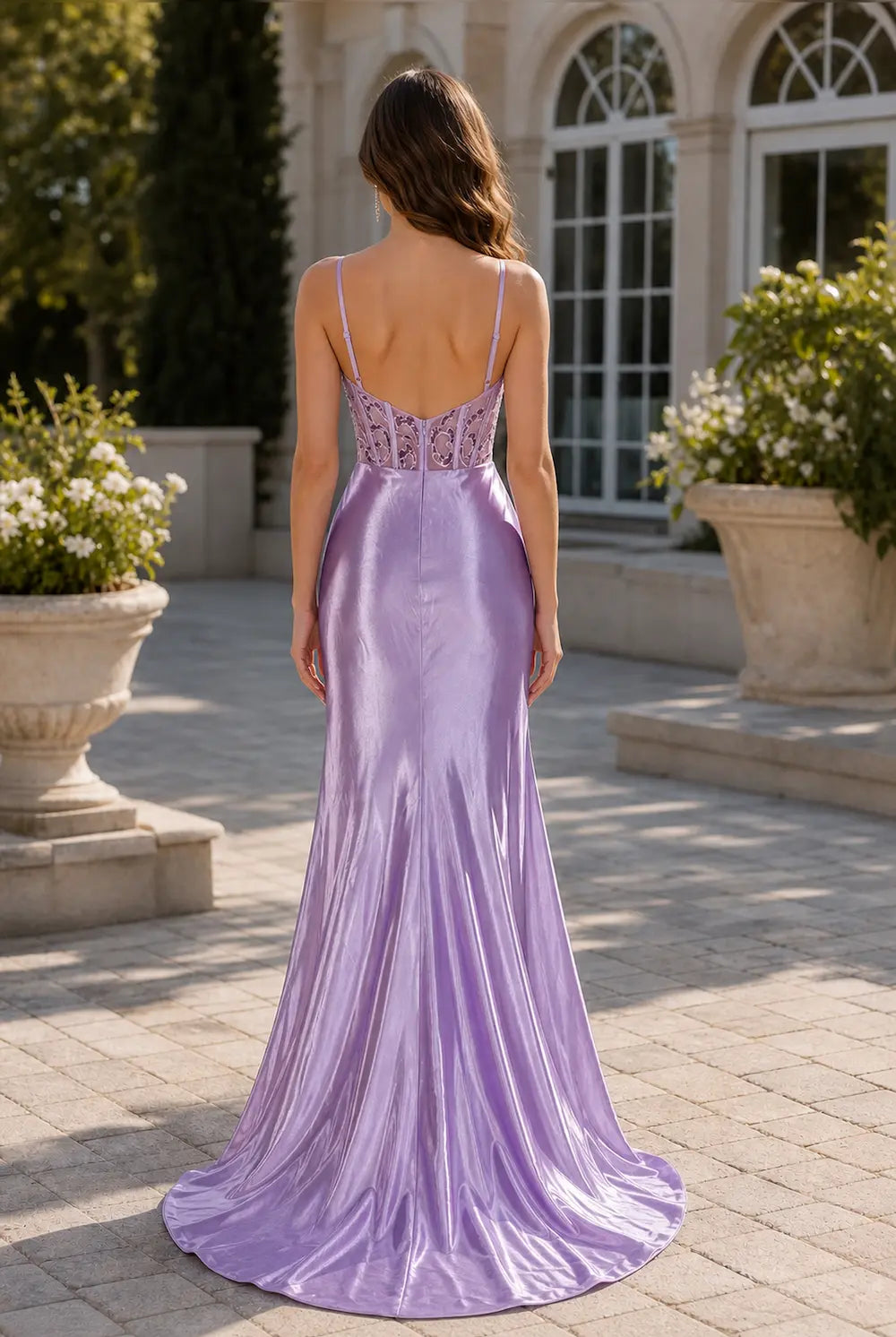 Lilac satin backless evening dress with spaghetti straps and lace-up detail