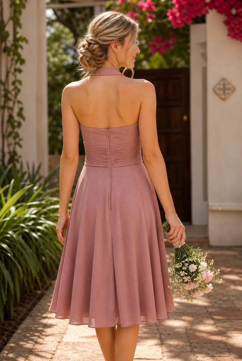 Dusty rose halter-neck chiffon short dress with waist sash, back view
