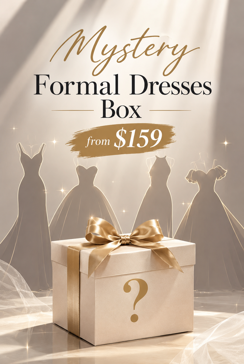 Mystery formal dress gift box with gold ribbon bow and question mark