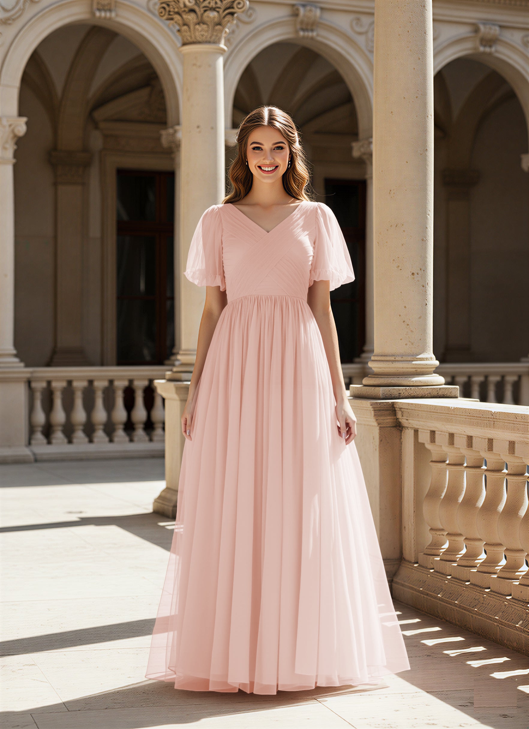 Graceful Bridesmaid Gown - Flutter Sleeve Design TFB8073