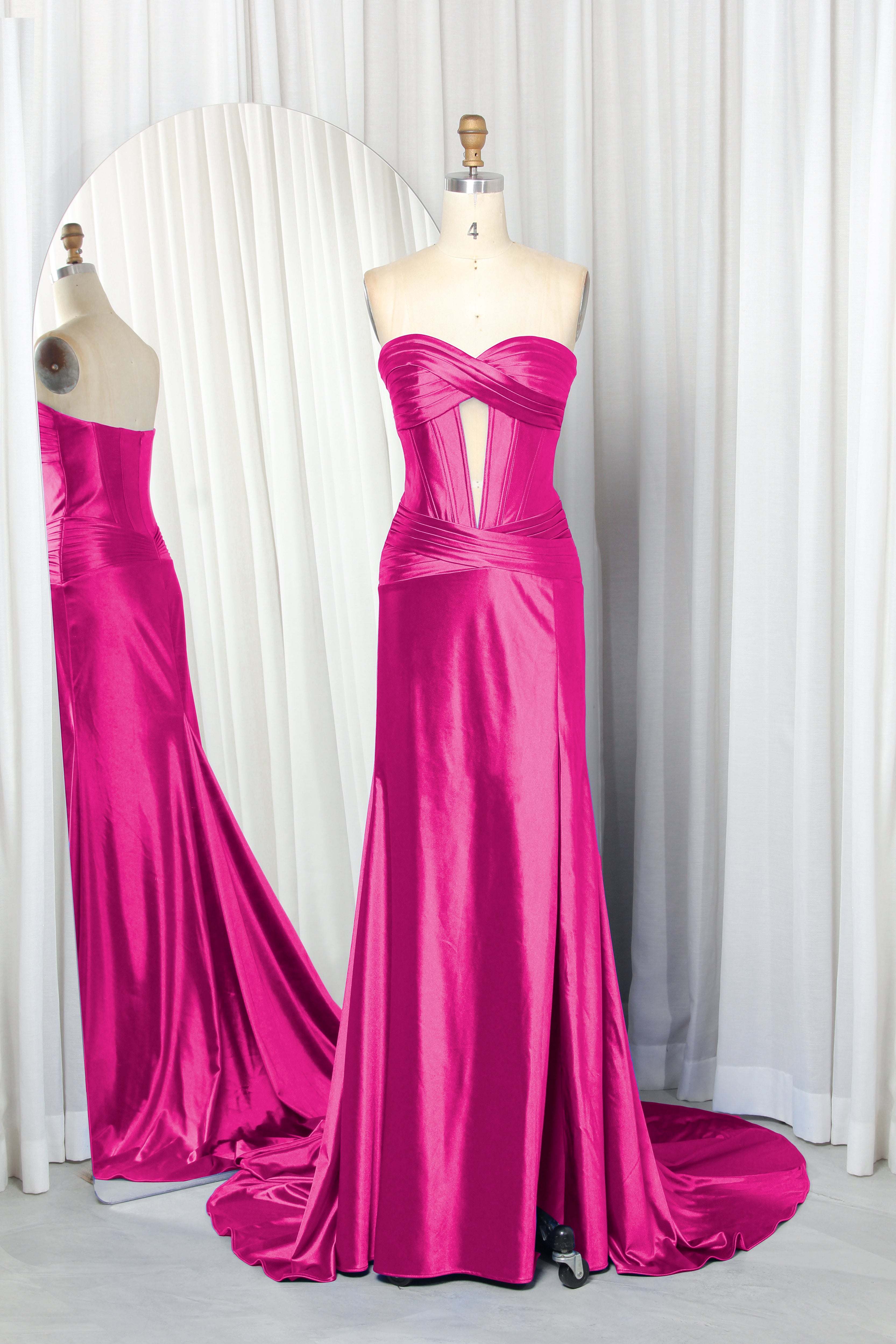 strapless satin prom dress with a front cutout