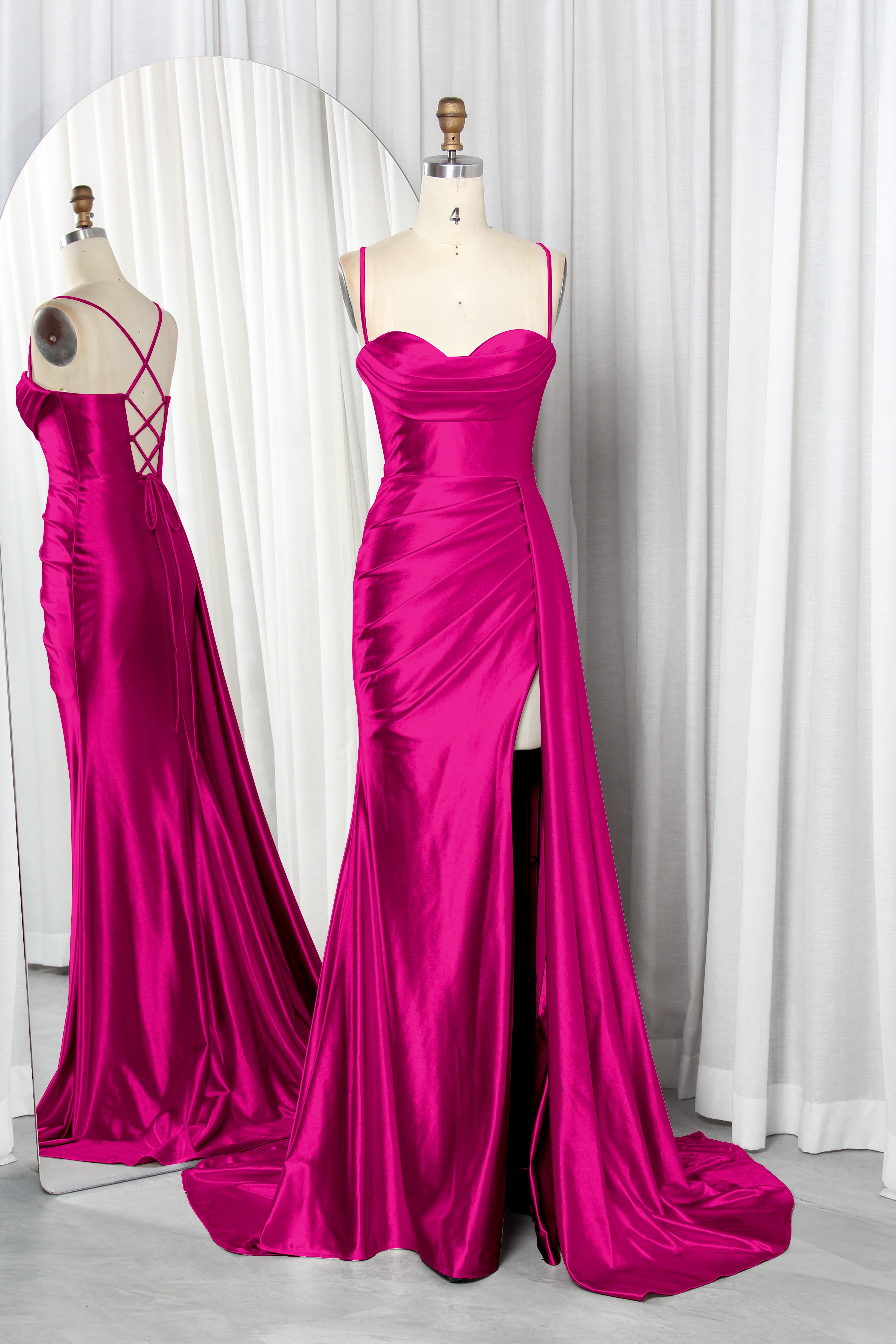 satin prom dress with spaghetti straps, a draped bodice, and a high slit.