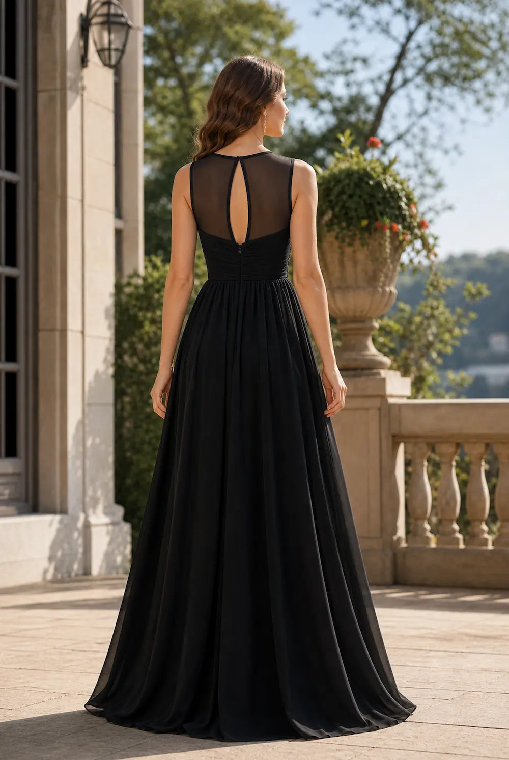 Black illusion sweetheart prom dress with open back, sleeveless chiffon long skirt
