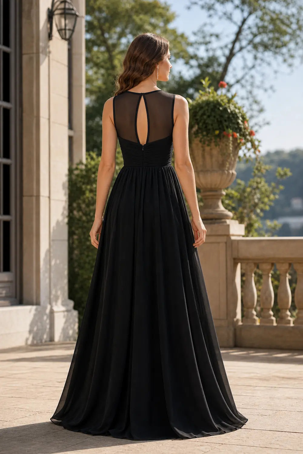 Black illusion sweetheart prom dress with open back, sleeveless chiffon long skirt
