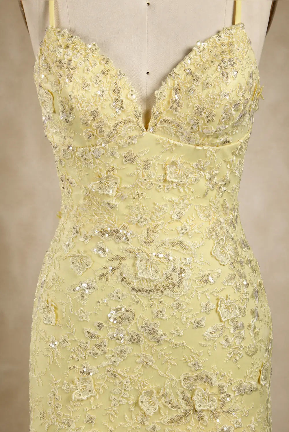 Yellow sequin lace corset bodice with V-neck and delicate floral texture