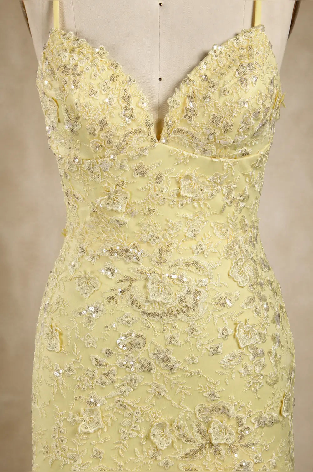 Yellow sequin lace corset bodice with V-neck and delicate floral texture