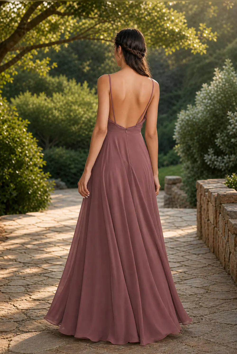 Canyon rose A-line chiffon prom dress, racerback backless, flowing pleated skirt