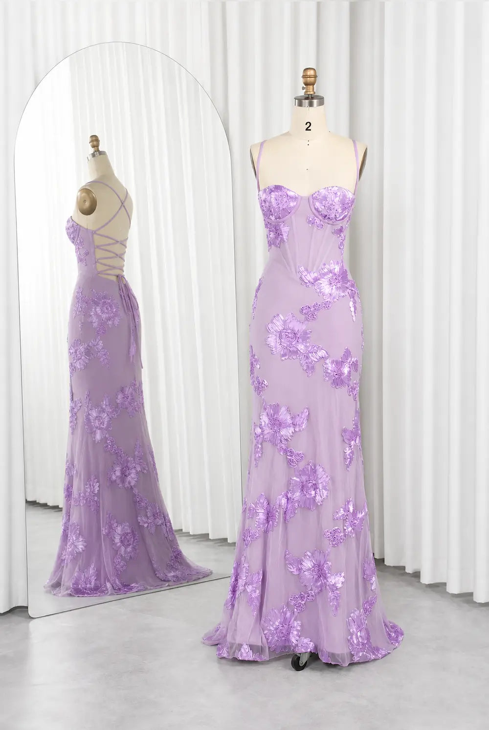 Lavender evening gown with spaghetti straps and floral sequin appliques, full-length