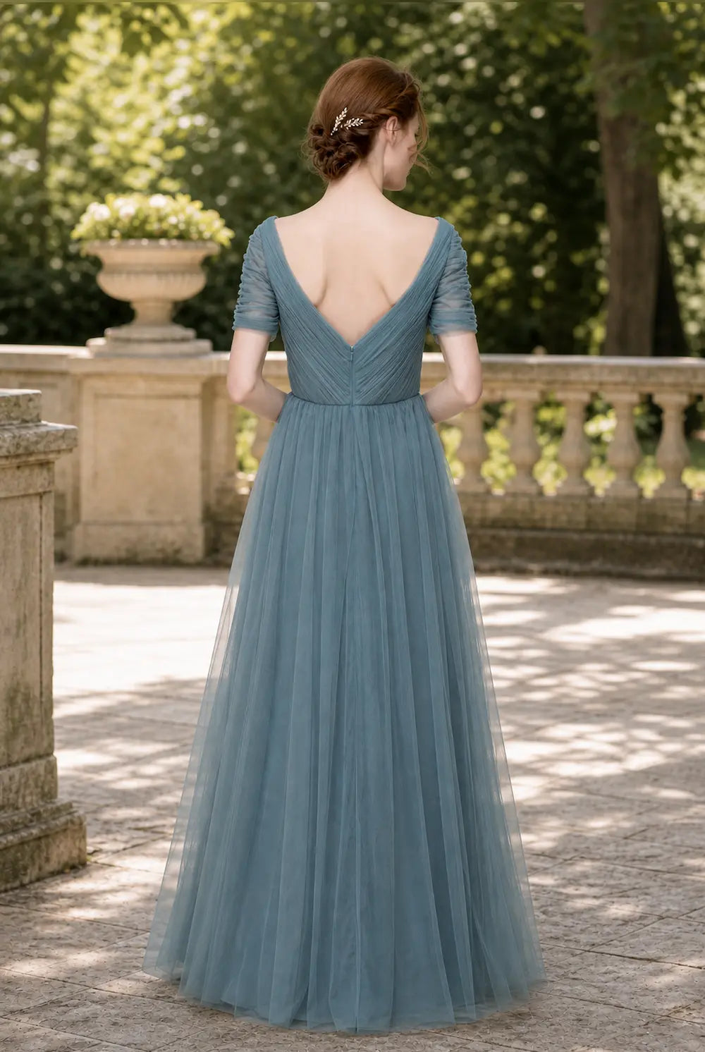 Dusty green tulle prom dress with open-back V and short sleeves, A-line skirt