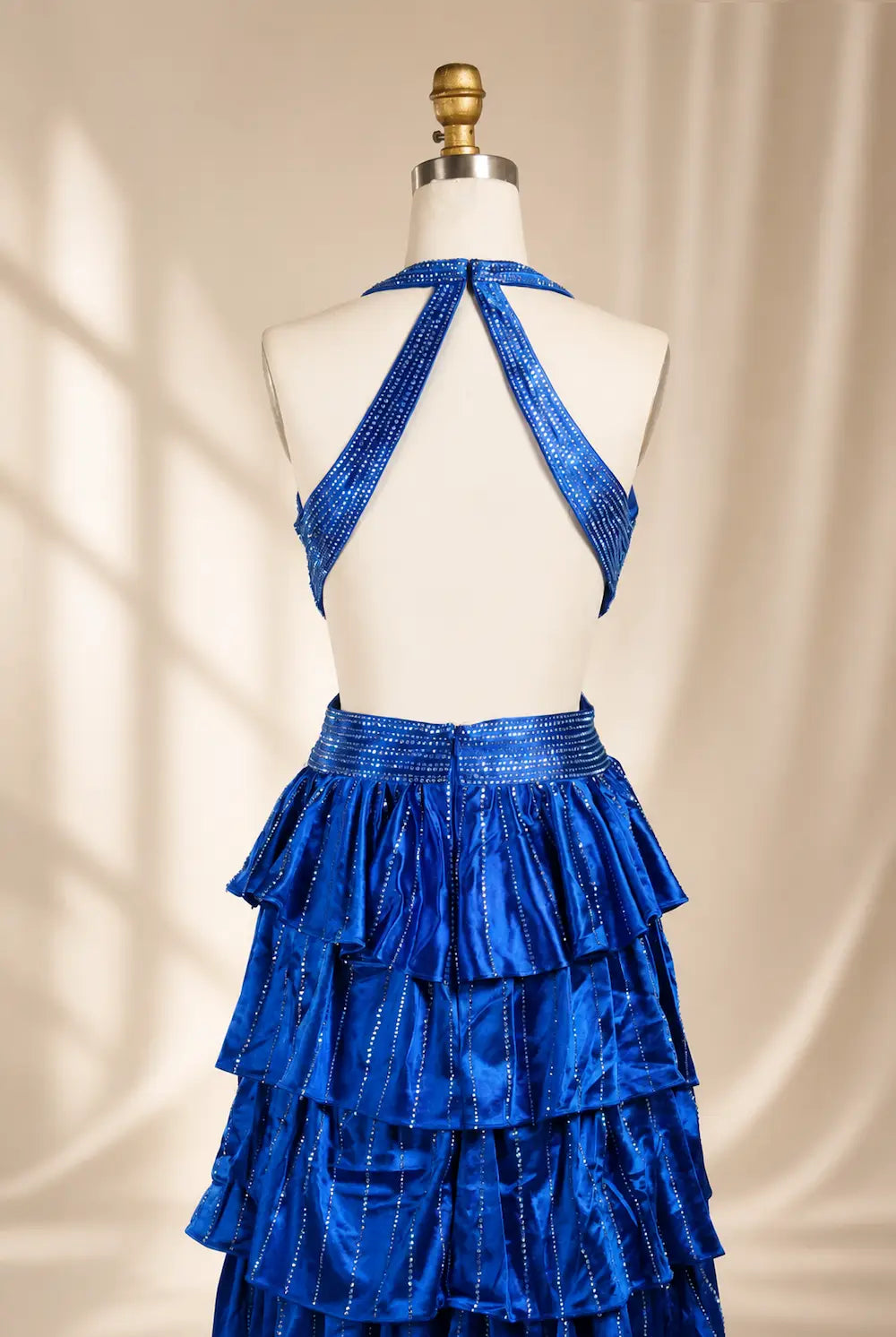 Royal blue tiered halter maxi dress, open back with ribbon tie straps