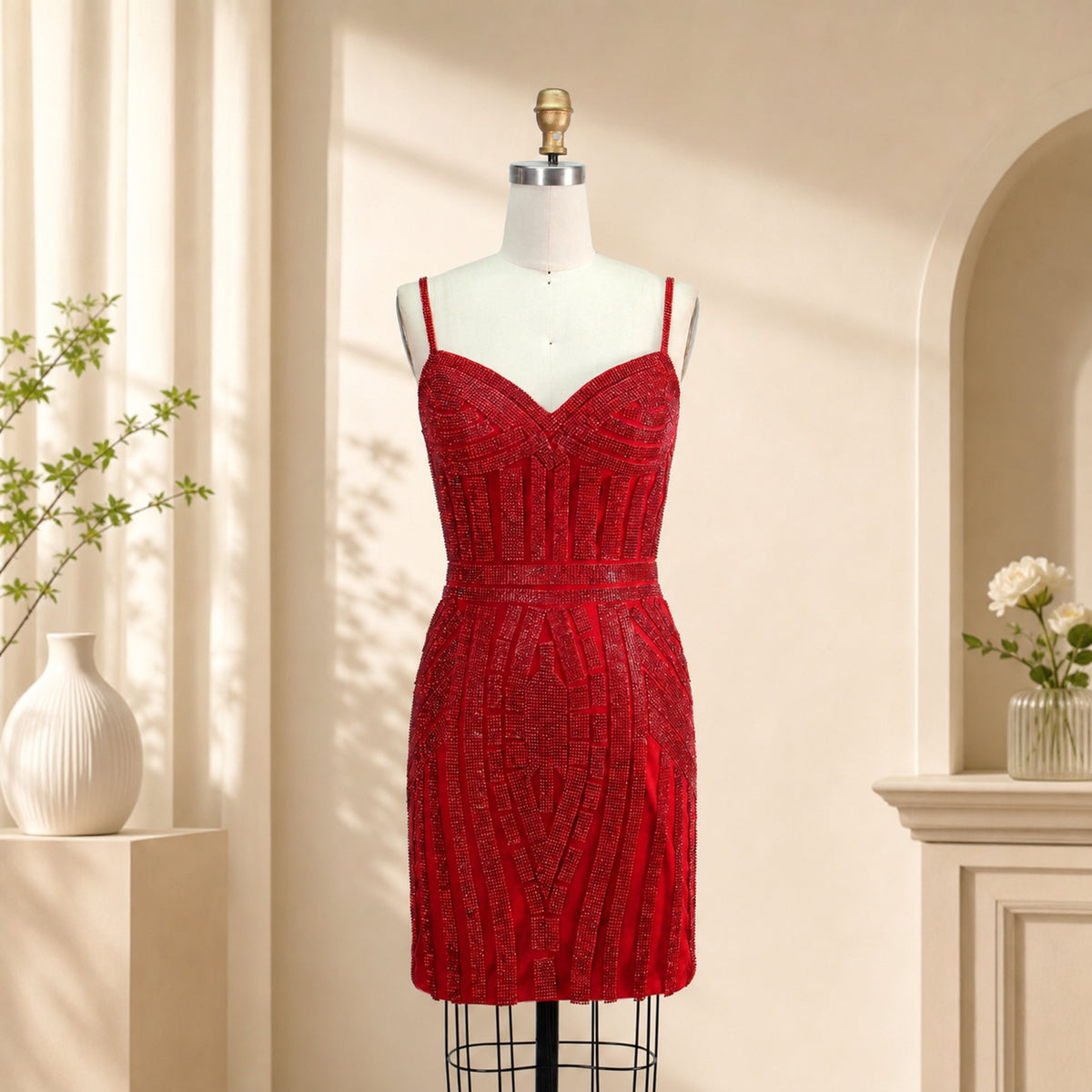 Red sequin cocktail-length dress on mannequin with square-neck bodice and slim fit