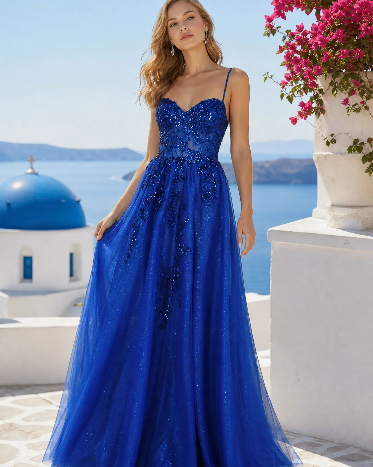 Blue embellished spaghetti-strap maxi dress with sweetheart neckline and layered tulle skirt