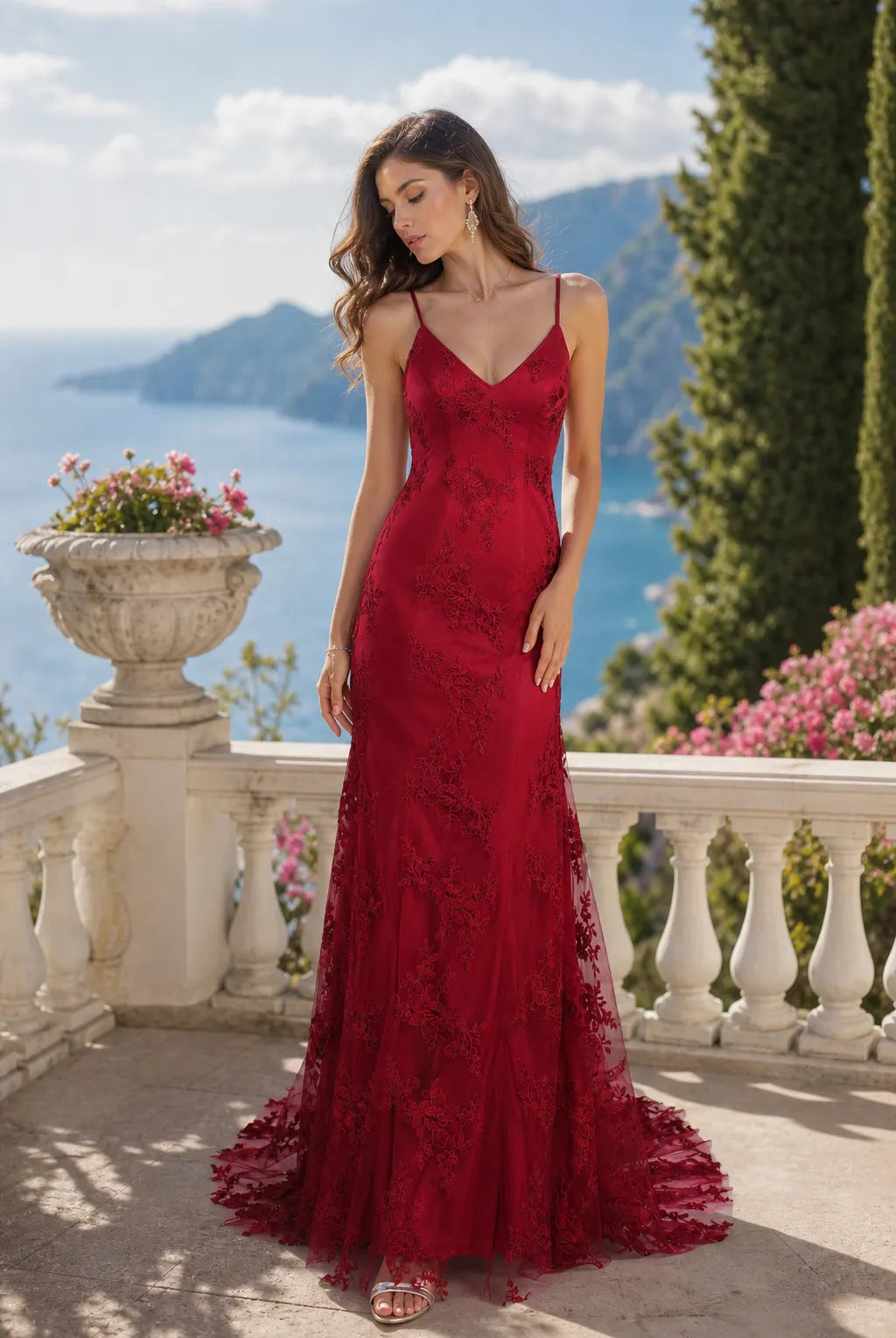 LORELAI wine red lace maxi dress with spaghetti straps and fitted silhouette