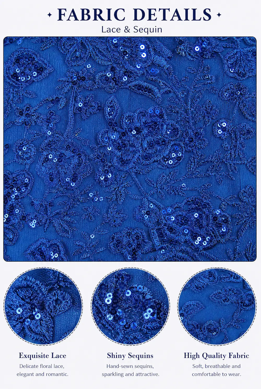 Royal blue lace and sequin fabric swatch with detailed embroidery