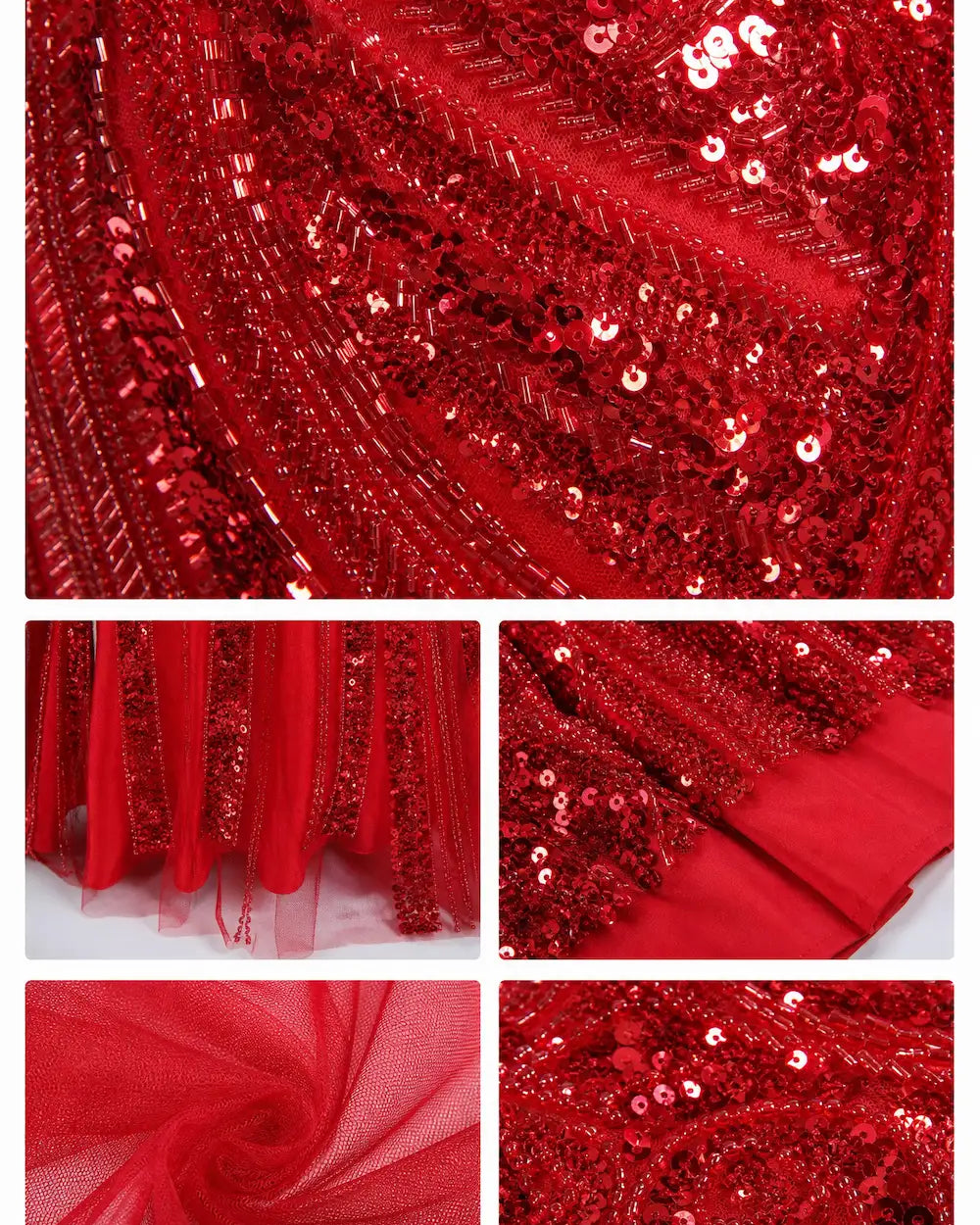 Red sequin fabric swatches with glittering embroidery and beadwork
