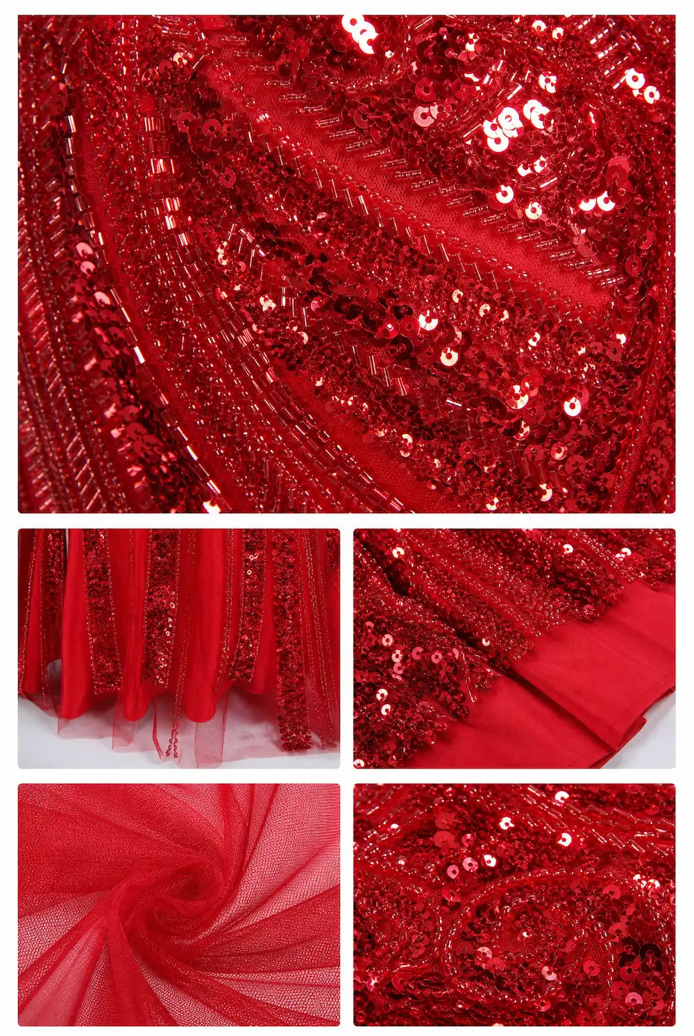 Red sequin fabric swatches with glittering embroidery and beadwork