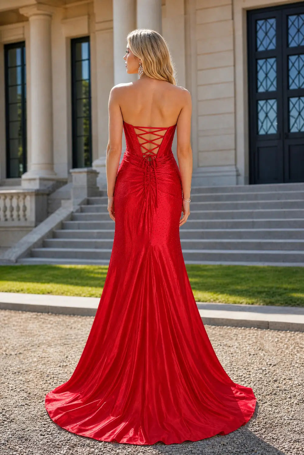 Red corset-back mermaid evening dress with lace-up detail at the open back