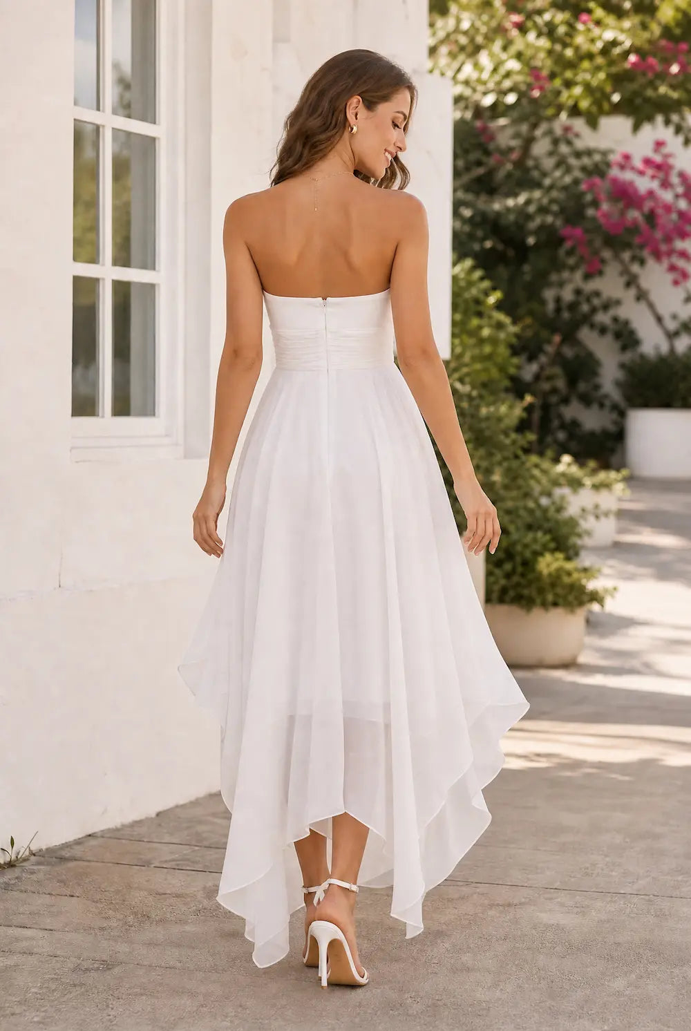 White strapless sweetheart chiffon prom dress, open back, high-low hem