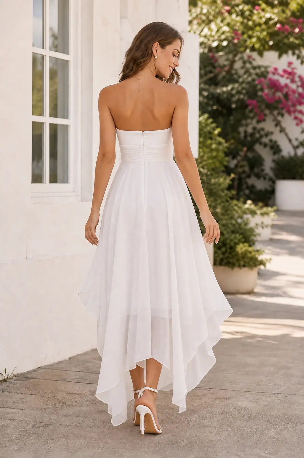 White strapless sweetheart chiffon prom dress, open back, high-low hem