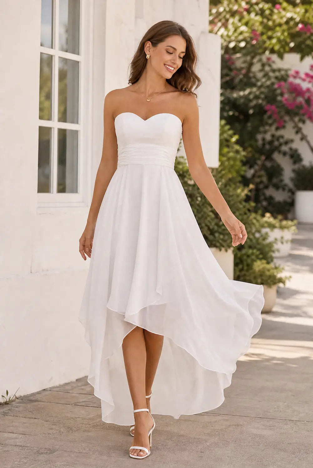 White strapless sweetheart chiffon prom dress with draped high-low skirt