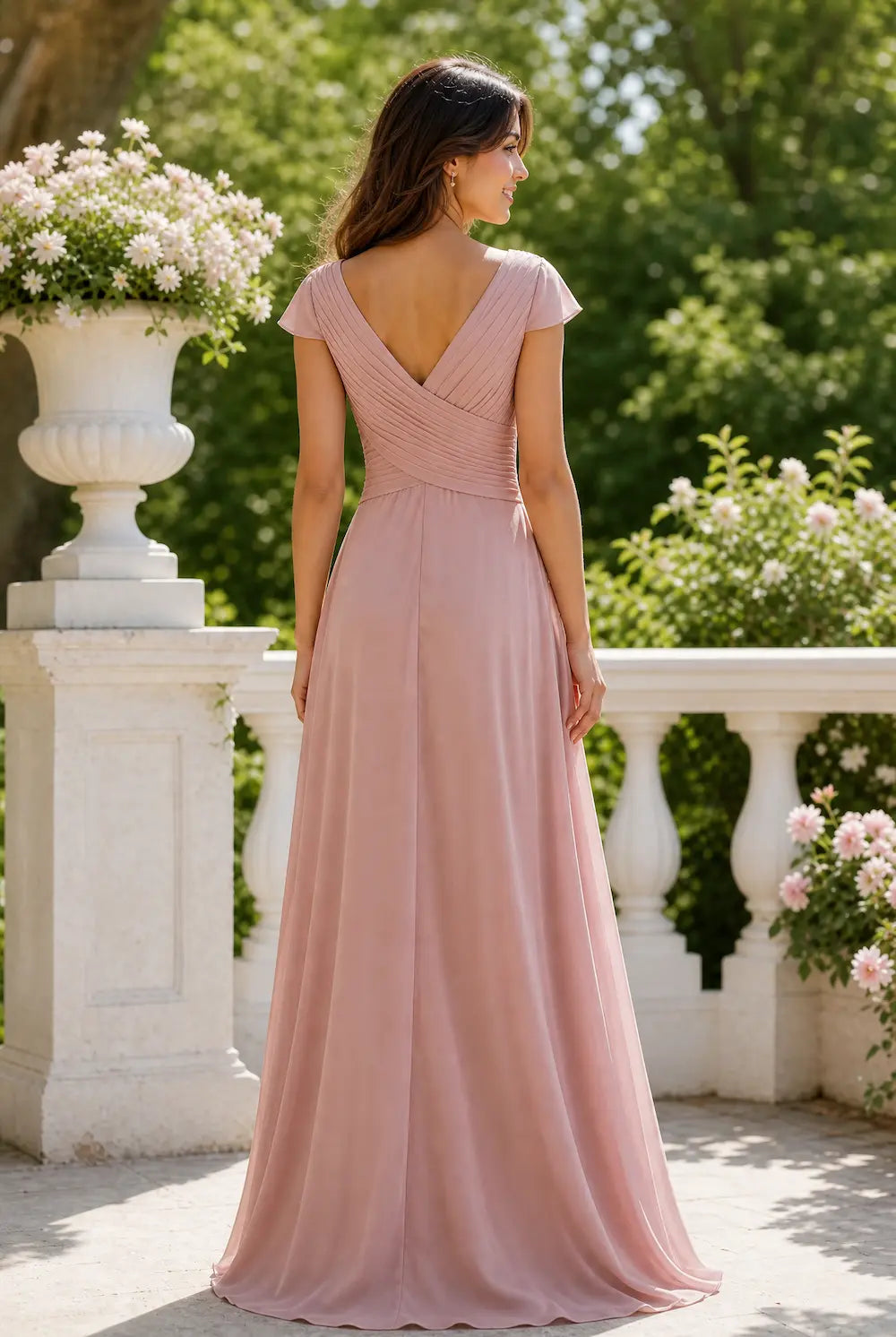 Dusty rose chiffon prom dress with V-back and hand-pleated bodice, cap sleeves
