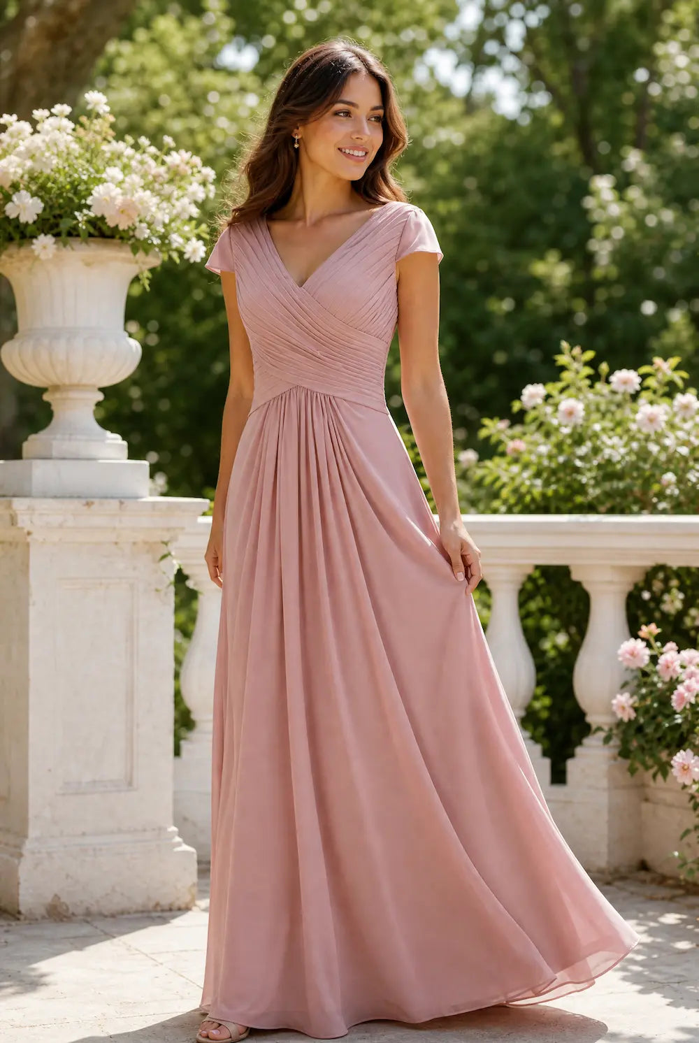 Dusty rose chiffon prom dress with V-neck, hand-pleated bodice, cap sleeves