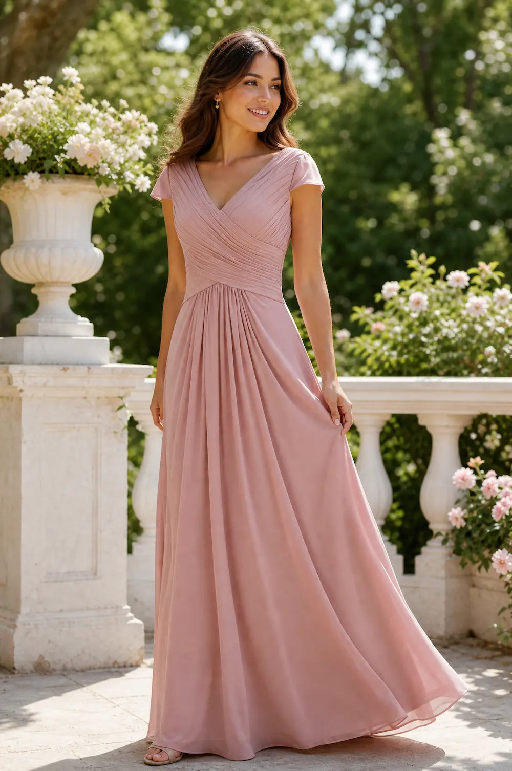 Dusty rose chiffon prom dress with V-neck, hand-pleated bodice, cap sleeves