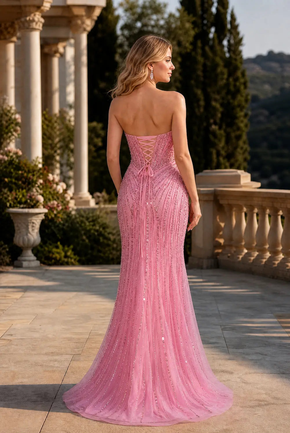 Pink beaded mermaid prom dress, corset back with scoop neckline