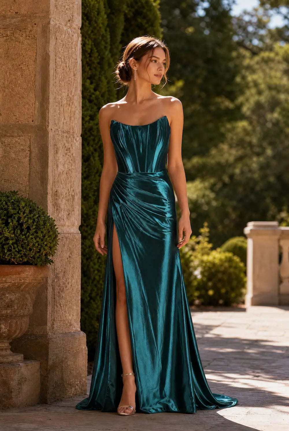 Teal sculpted corset prom dress with satin drape, spaghetti straps, high slit