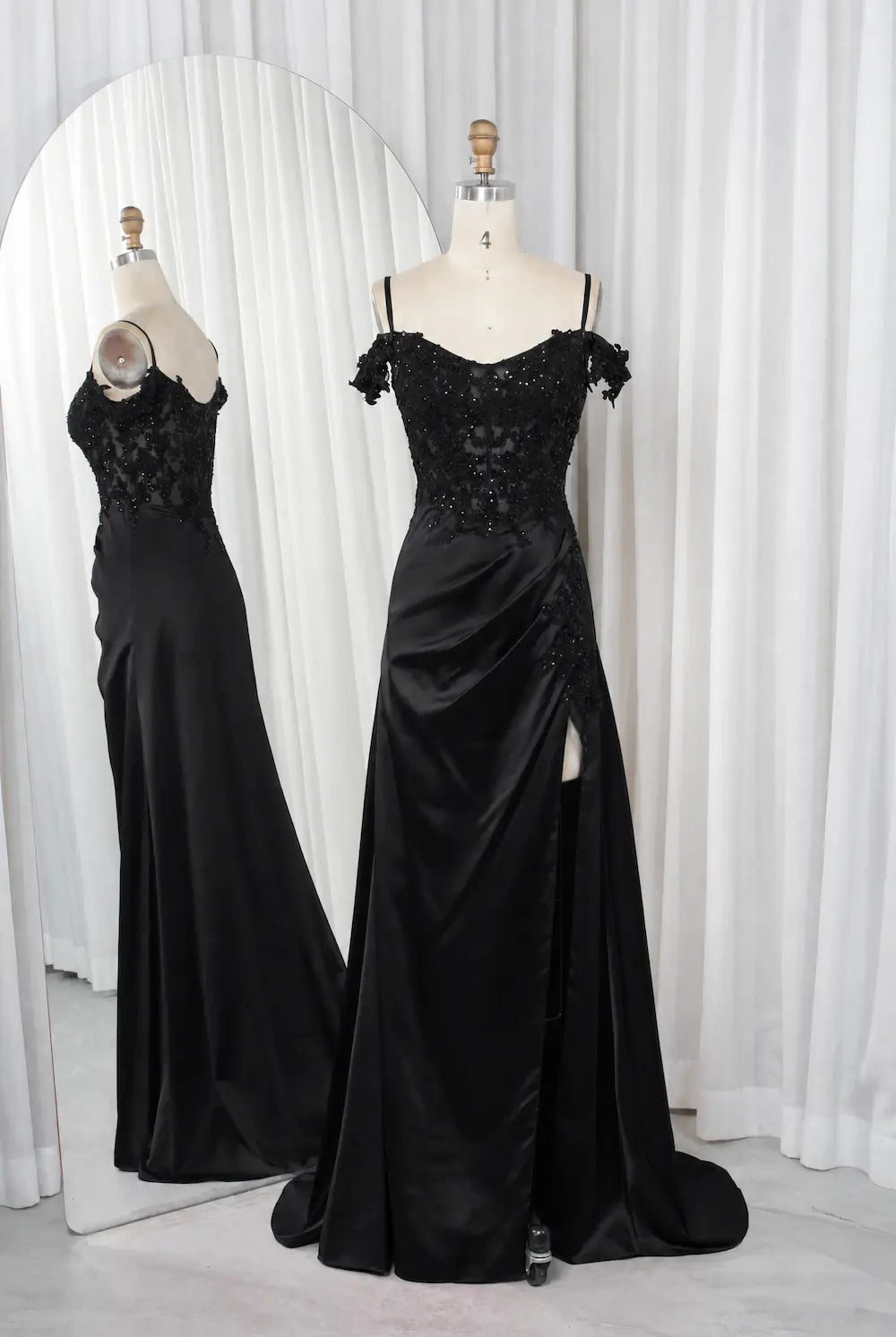 Black satin prom dress with beaded lace appliques, off-shoulder straps, high slit