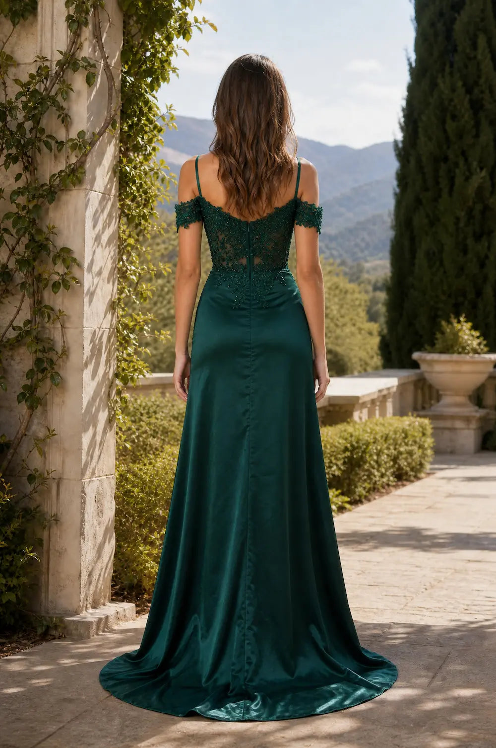 Emerald satin prom dress with lace back detail, off-shoulder straps, high slit