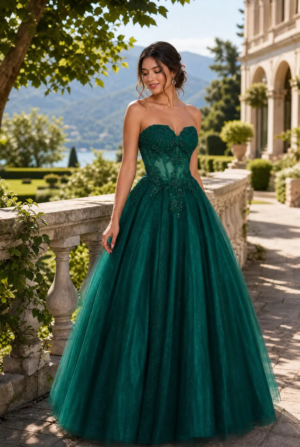Emerald strapless lace ball gown with sweetheart bodice and textured lace overlay