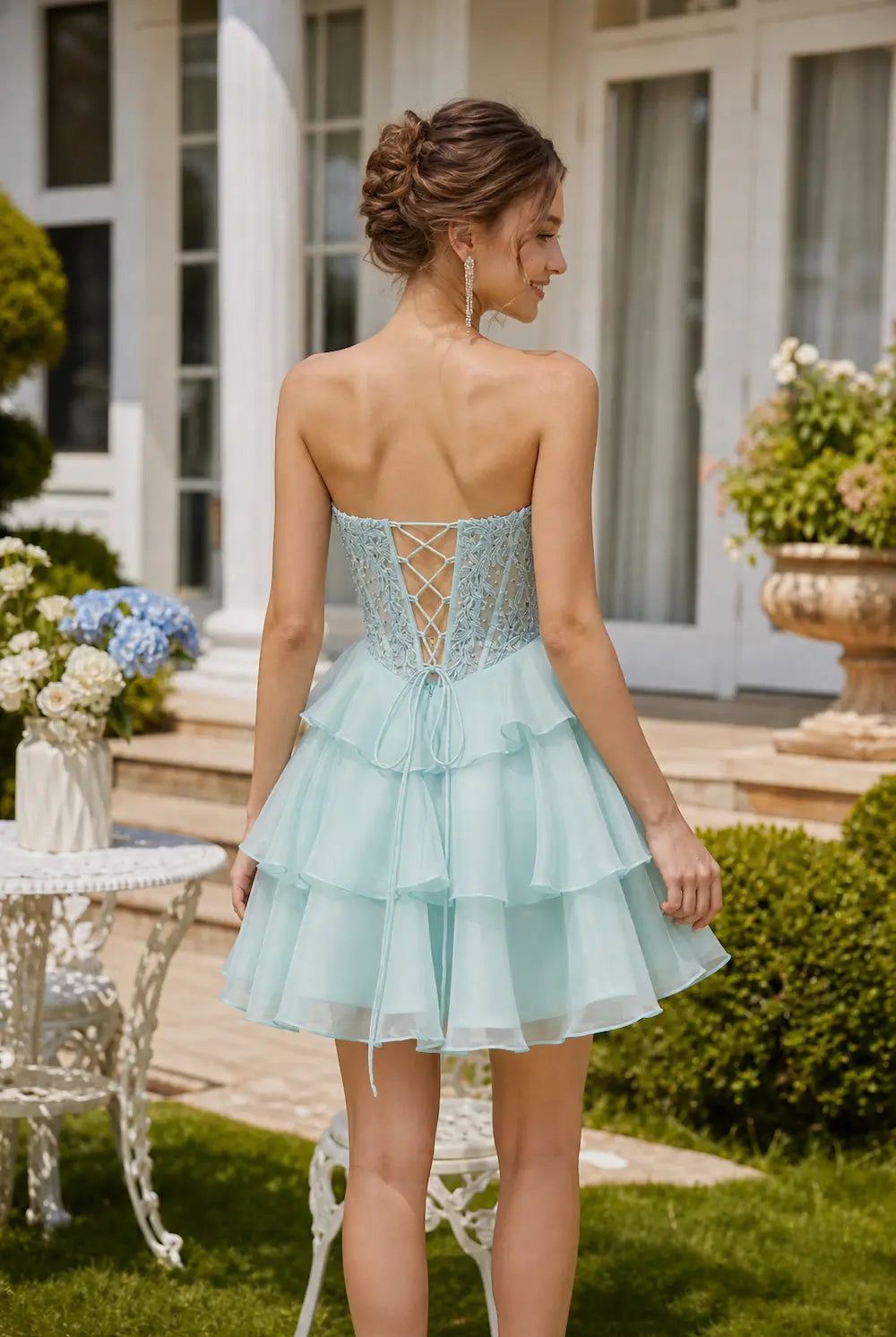 CHLOE light blue strapless dress, crisscross lace-up back and layered ruffle skirt