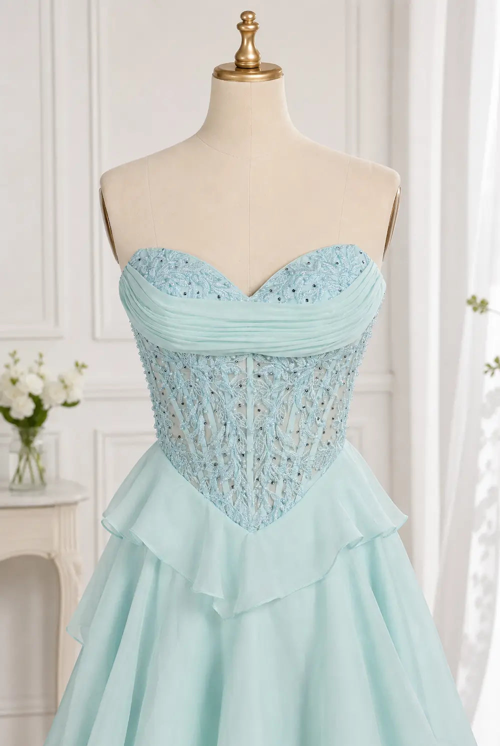 CHLOE light blue strapless beaded corset dress with tiered ruffle skirt