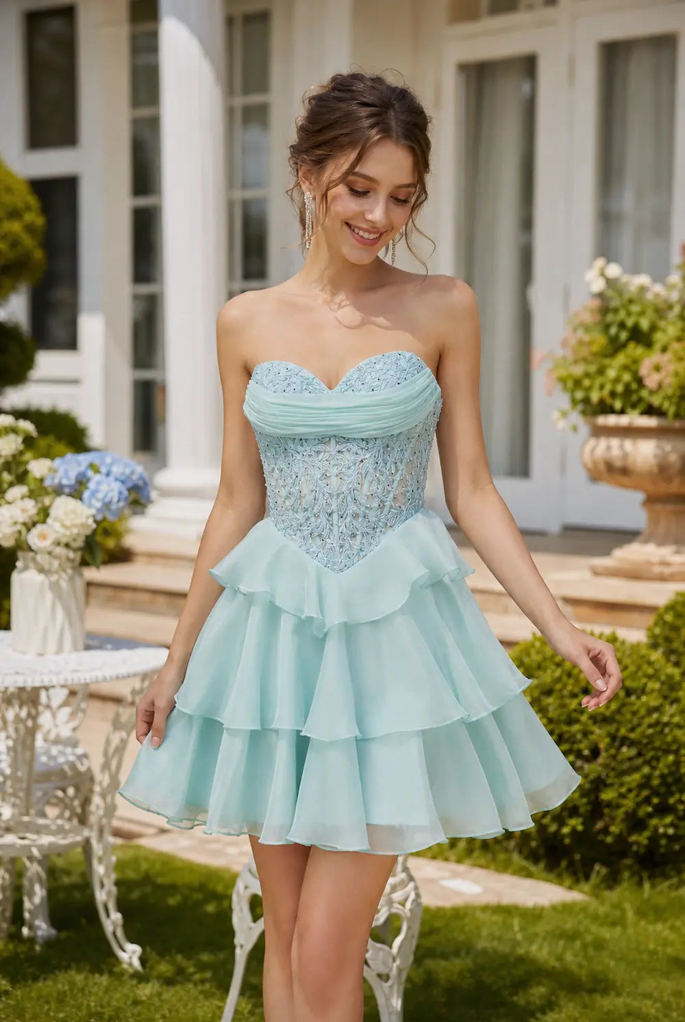 CHLOE light blue strapless dress with scalloped beaded bodice and layered ruffles