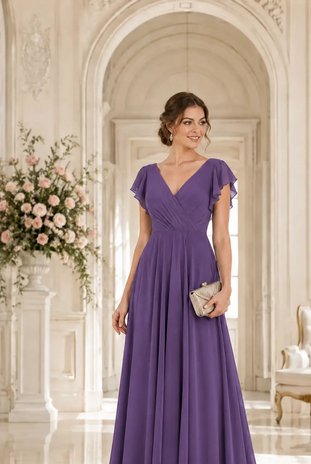 Purple chiffon V-neck A-line modest prom dress with ruched waist and flutter sleeves